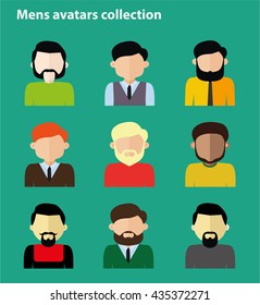 Flat mens avatar collection, set of 9 people icons in flat style with faces, men character. User avatars