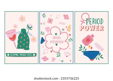 Flat Menstruation period woman posters, cards with inscriptions