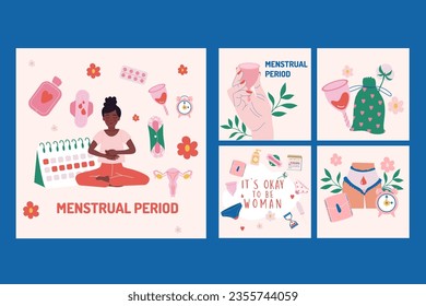 Flat Menstruation period woman posts collection. Social media