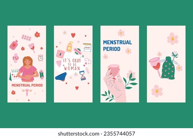 Flat Menstruation period woman stories collection. Social media