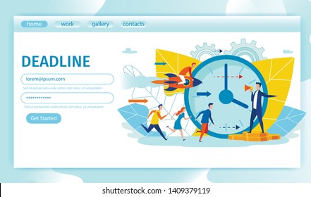 Flat Mental Pressure to Meet Deadlines Lettering. Motivation to Solve Problem Quickly, Need to Postpone all Secondary Matters. People Run Slash Mans Voice with Loudspeaker. Landing Page.