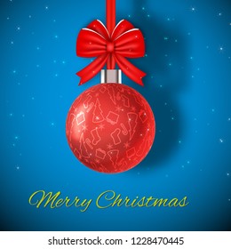 Flat merry christmas background with bright red ball flat vector illustration