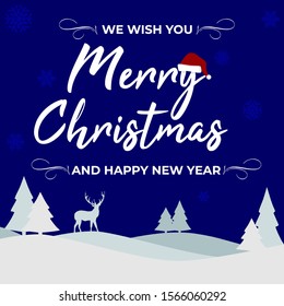 Flat Merry Christmas Landscape with Deer, Tree, Snowflake and Santa Hat Vector Cartoon for Banner, Invitation, Card