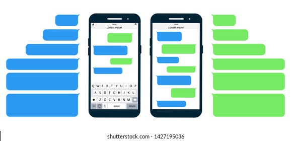 Mensajes planos burbujas.  Mensajes en pantalla Diseño plano de teléfono. Burbujas del servicio de mensajes cortos