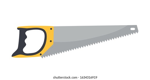 Flat metal hand saw for cutting wood isolated on white. Steel hacksaw for working with board. Tool builder, carpenter, repairmen. Construction and repair instrument. Vector cartoon illustration