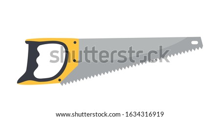 Flat metal hand saw for cutting wood isolated on white. Steel hacksaw for working with board. Tool builder, carpenter, repairmen. Construction and repair instrument. Vector cartoon illustration