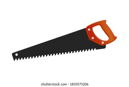 Flat metal hand saw with red handle isolated on white. Cartoon steel hacksaw for cutting metal and wood. Tool builder, carpenter, repairmen. Home handsaw flat vector icon. Construction instrument.