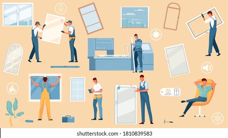 Flat metal plastic windows icon set with different style type and size of windows and repair masters vector illustration