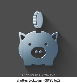 Flat metallic banking 3D icon. Polished Steel Money Box With Coin icon with transparent shadow on Gray background. EPS 10, vector illustration.