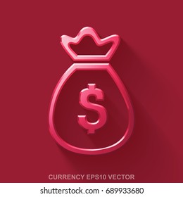 Flat metallic banking 3D icon. Red Glossy Metal Money Bag icon with transparent shadow on Red background. EPS 10, vector illustration.
