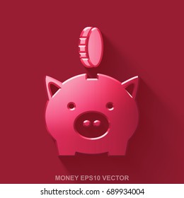 Flat metallic banking 3D icon. Red Glossy Metal Money Box With Coin icon with transparent shadow on Red background. EPS 10, vector illustration.
