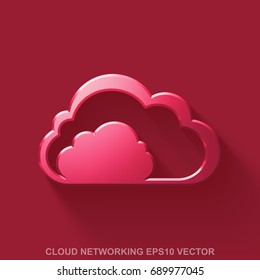 Flat metallic cloud networking 3D icon. Red Glossy Metal Cloud icon with transparent shadow on Red background. EPS 10, vector illustration.