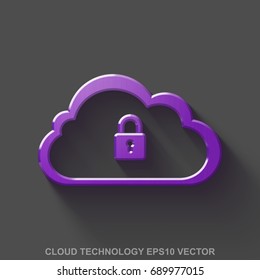 Flat metallic cloud technology 3D icon. Purple Glossy Metal Cloud With Padlock icon with transparent shadow on Gray background. EPS 10, vector illustration.