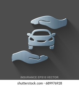 Flat metallic Insurance 3D icon. Polished Steel Car And Palm icon with transparent shadow on Gray background. EPS 10, vector illustration.
