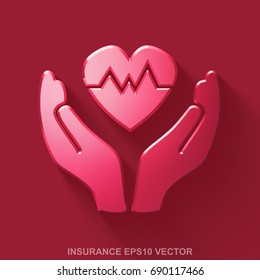 Flat metallic Insurance 3D icon. Red Glossy Metal Heart And Palm icon with transparent shadow on Red background. EPS 10, vector illustration.