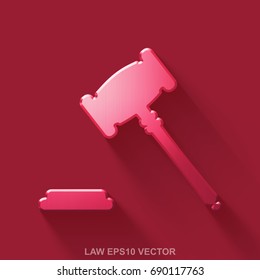 Flat metallic law 3D icon. Red Glossy Metal Gavel icon with transparent shadow on Red background. EPS 10, vector illustration.