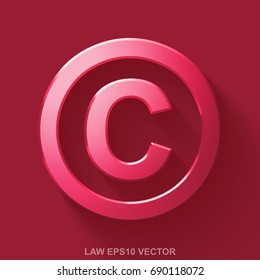 Flat metallic law 3D icon. Red Glossy Metal Copyright icon with transparent shadow on Red background. EPS 10, vector illustration.