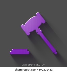 Flat metallic law 3D icon. Purple Glossy Metal Gavel icon with transparent shadow on Gray background. EPS 10, vector illustration.