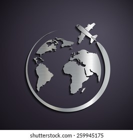Flat metallic logo of the aircraft and the planet earth. Vector image.