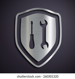 Flat metallic logo shield with tools. Vector image.