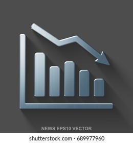 Flat metallic news 3D icon. Polished Steel Decline Graph icon with transparent shadow on Gray background. EPS 10, vector illustration.