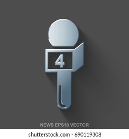 Flat metallic news 3D icon. Polished Steel Microphone icon with transparent shadow on Gray background. EPS 10, vector illustration.