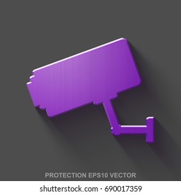 Flat metallic protection 3D icon. Purple Glossy Metal Cctv Camera icon with transparent shadow on Gray background. EPS 10, vector illustration.