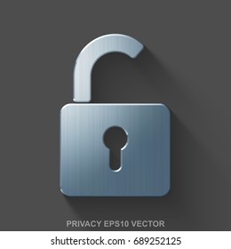 Flat metallic safety 3D icon. Polished Steel Opened Padlock icon with transparent shadow on Gray background. EPS 10, vector illustration.