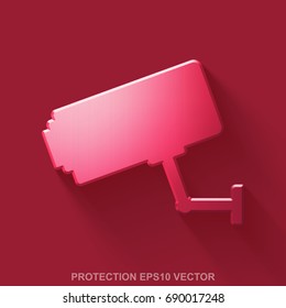 Flat metallic safety 3D icon. Red Glossy Metal Cctv Camera icon with transparent shadow on Red background. EPS 10, vector illustration.