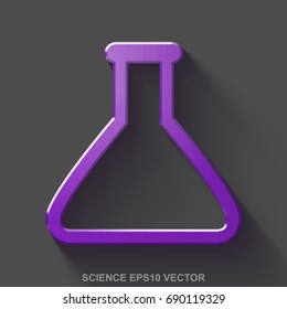 Flat metallic Science 3D icon. Purple Glossy Metal Flask icon with transparent shadow on Gray background. EPS 10, vector illustration.