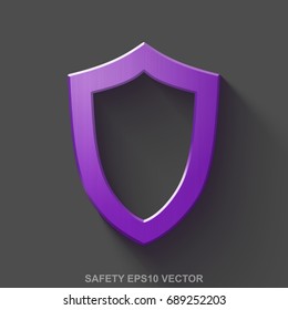 Flat metallic security 3D icon. Purple Glossy Metal Contoured Shield icon with transparent shadow on Gray background. EPS 10, vector illustration.