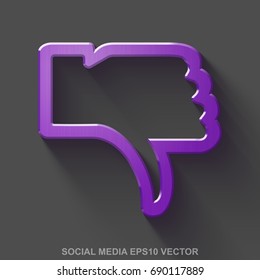 Flat metallic social media 3D icon. Purple Glossy Metal Thumb Down icon with transparent shadow on Gray background. EPS 10, vector illustration.