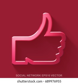 Flat metallic social network 3D icon. Red Glossy Metal Thumb Up icon with transparent shadow on Red background. EPS 10, vector illustration.