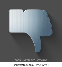Flat metallic social network 3D icon. Polished Steel Thumb Down icon with transparent shadow on Gray background. EPS 10, vector illustration.