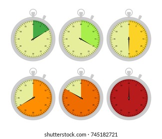 Flat metallic stopwatch set. Vector illustration isolated on white background.