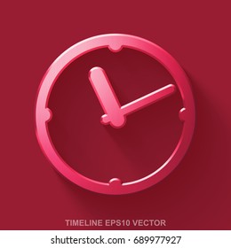 Flat metallic timeline 3D icon. Red Glossy Metal Clock icon with transparent shadow on Red background. EPS 10, vector illustration.