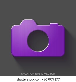 Flat metallic tourism 3D icon. Purple Glossy Metal Photo Camera icon with transparent shadow on Gray background. EPS 10, vector illustration.