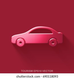 Flat metallic tourism 3D icon. Red Glossy Metal Car icon with transparent shadow on Red background. EPS 10, vector illustration.