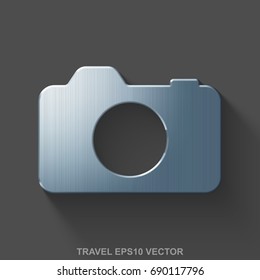 Flat metallic travel 3D icon. Polished Steel Photo Camera icon with transparent shadow on Gray background. EPS 10, vector illustration.