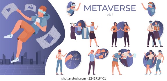 Composición plana de metáfora establecida con usuarios de gafas vr en ilustración vectorial aislada del mundo virtual