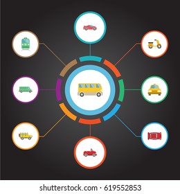 Flat Metro, Omnibus, Cab And Other Vector Elements. Set Of Transport Flat Symbols Also Includes Passenger, Bus, Cab Objects.