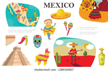 Flat Mexican elements composition with Mexico map man playing maracas dancing woman pinata tequila bottle sugar skull chili peppers sombrero Aztec pyramid vector illustration