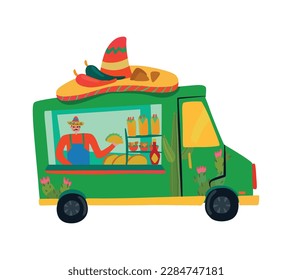 Flat mexican food truck with vendor wearing sombrero vector illustration