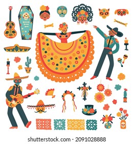 Flat mexican holiday day of dead set with colorful traditional symbols flowers musical instruments and people dancing in masks isolated vector illustration