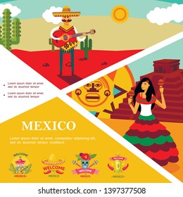 Flat Mexico colorful template with man playing guitar in desert woman dancing on Aztec pyramid landscape and Welcome To Mexico emblems vector illustration