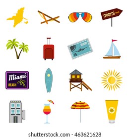 Flat Miami icons set. Universal Miami icons to use for web and mobile UI, set of basic Miami elements isolated vector illustration