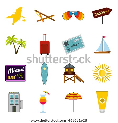 Flat Miami icons set. Universal Miami icons to use for web and mobile UI, set of basic Miami elements isolated vector illustration