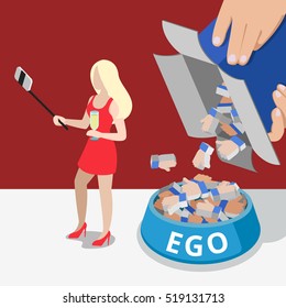 Flat micro woman making selfie with monopod stick, man filling dog bowl with Like signs from box vector illustration. Social media network and promotion business concept.