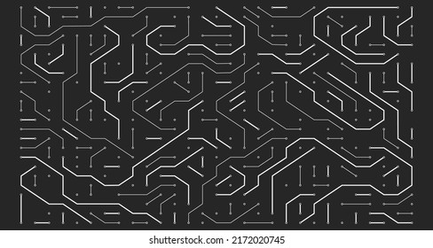 Flat microelectronics circuit board vector illustration with editable stroke. The abstract texture of modern digital technology, computer, motherboard, HUD element, or high-tech technology