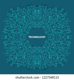 Flat Microelectronics Circuits. Circuit board vector, with blue background.